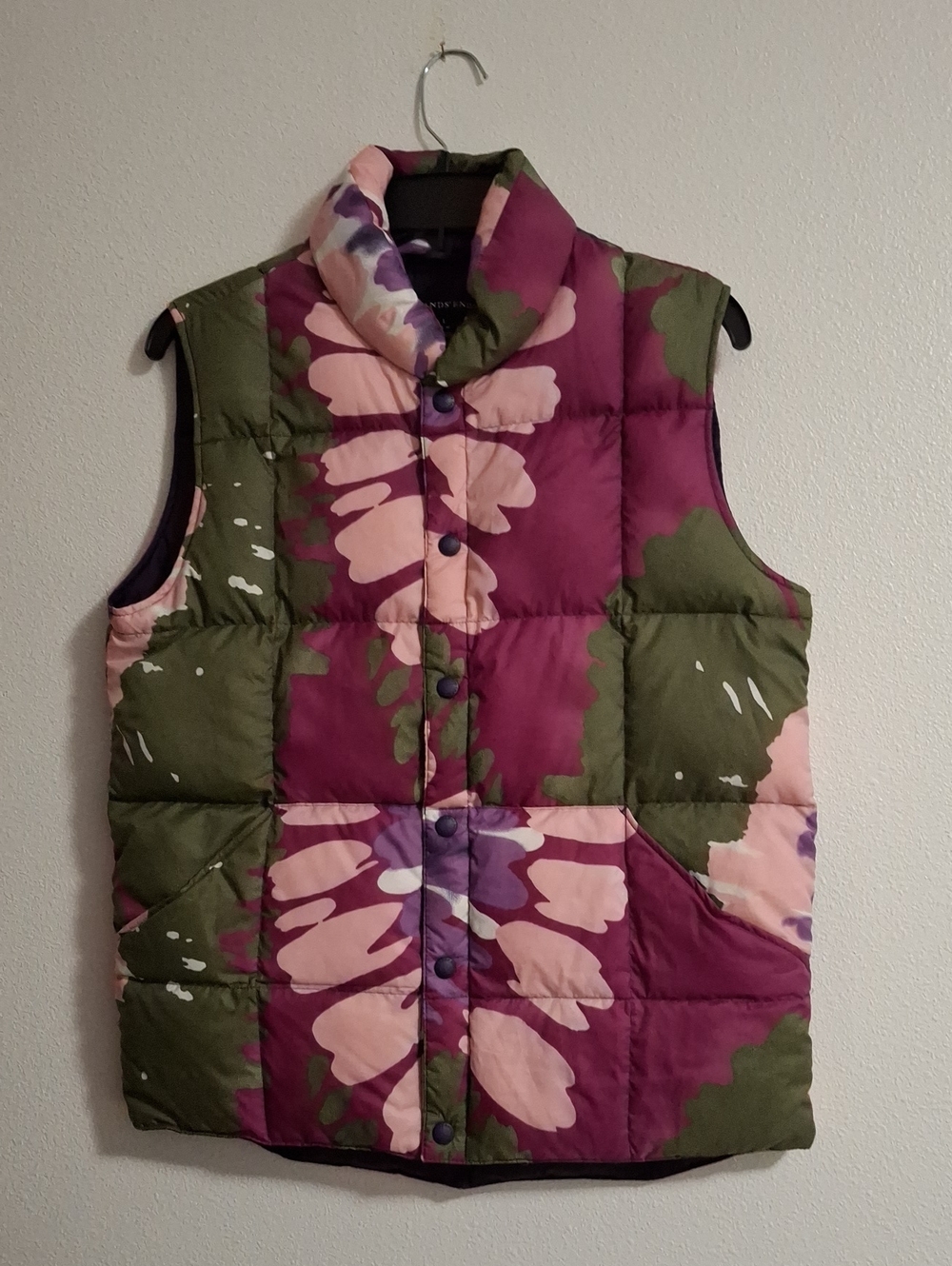 Lands' End Quilted Floral Puffer Vest - Pink & Olive Size Large